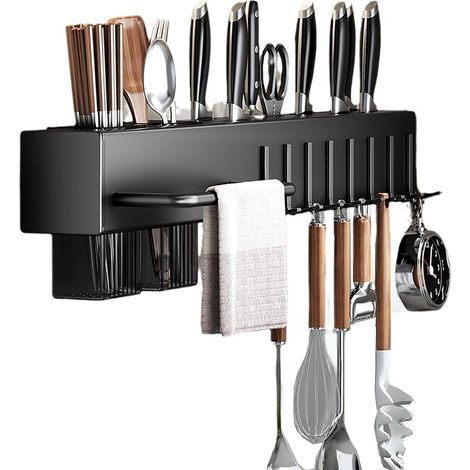 Soporte para cuchillos de pared sin taladrar, estante de cocina multifuncional con ganchos, soporte para cuchillos y cubiertos (Negro - 50 cm)
