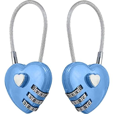 Lot de 2 cadenas à combinaison – Cadenas portable en forme de cœur pour sacs à dos, bagages et boîtes à bijoux (bleu) (1/5)