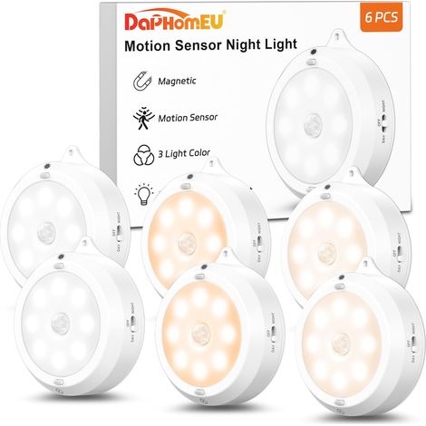 Lot de 6 lampes à détecteur de mouvement d'intérieur – Éclairage intelligent sous armoire – Éclairage d'escalier sans fil alimenté par 3 × piles AA – Spots ronds à intensité variable adaptés (1/5)