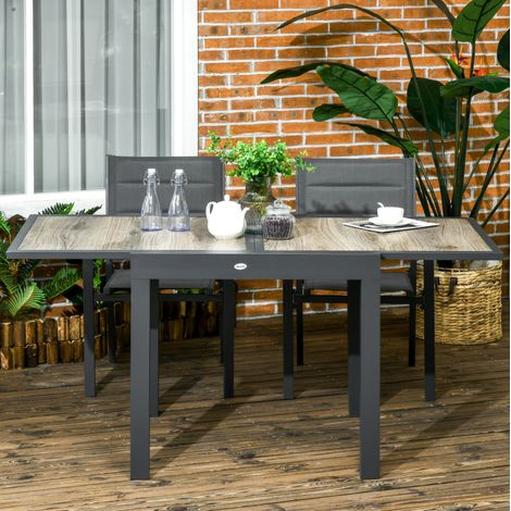 Table de jardin extensible 80x160x75 cm beige en aluminium avec plateau effet bois et pieds antidérapants (1/5)