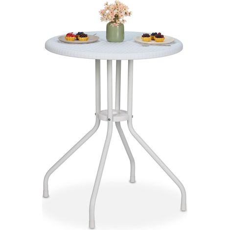 Table de Jardin Ronde, H x D : 73 x 60 cm, Aspect rotin, extérieur, en Plastique et Acier, Blanche (1/5)