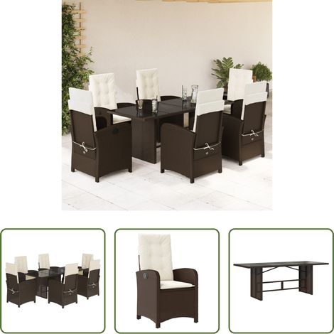 vidaXL Gartenessgruppe - 7-tlg. Garten-Essgruppe mit Kissen Braun Poly Rattan (1/5)