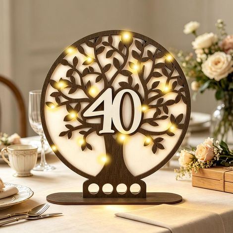 Cadeau en argent pour 40e anniversaire et noces de rubis en bois – Cadeau arbre de vie avec LED, panneau livre d'or, décoration de table et cadeau en argent en un (1/5)