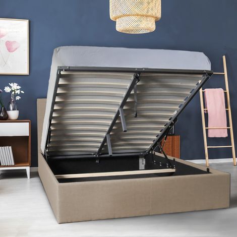 Le Quai Des Affaires – Lit coffre PARMA 140x190 cm – Grand coffre de rangement – Cadre MDF + tissu – Sommier 2x12 lattes en bois – Beige – Dimensions 201x149x99 cm (1/5)