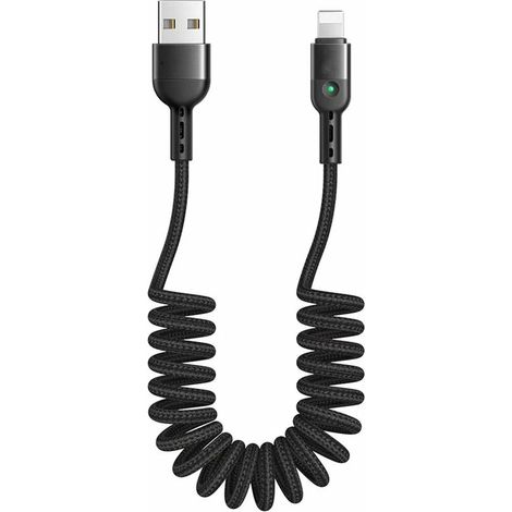 Spiral USB Cable, Retractable Cable, Data Sync, Charging Cable, Spiral Cable, Car Charging Cable, for Phone X XR 8, 7 Extendable up to 1.8m Black (1/5)