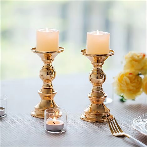 Set aus 2 goldenen Säulenkerzenhaltern für 5 cm Kerzen, Weihnachts- und Halloween-Dekorationen, perfekt für Hochzeiten, besondere Anlässe und Partys. (1/4)