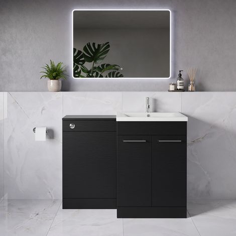 Napoli 460 Nero Oak 1100mm 2 Door Vanity Unit Toilet Suite with Glide Basin - 1100mm - Chrome 160mm HandleWithout Kingston Toilet Pan