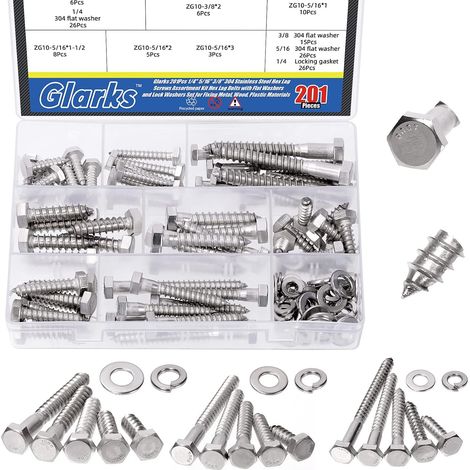 Lot de 201 vis tire-fond hexagonales en acier inoxydable 304 de 6,3 cm + 5/16" + 3/8" avec rondelles plates et rondelles de verrouillage (1/5)