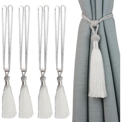 Fermacravatte per tende in corda fatti a mano con nappe per la decorazione di ufficio e casa, bianchi (bianchi, 4) (1/5)