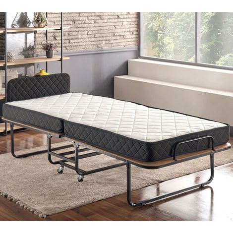 Lit pliant 90x200 cm en métal noir avec matelas de 15 cm