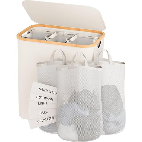 Cesto per la Biancheria 160 L con Coperchio – Separatore per Biancheria a 3 Scomparti con 5 Etichette, Grande Cestino per Biancheria per Camera da Letto e Lavanderia (1/3)