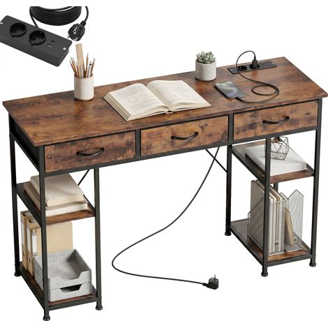 Bureau avec rangement avec prises de courant, 3 tiroirs en tissu et 4 étagères de rangement, 120 x 40 x 76 cm, marron (1/5)