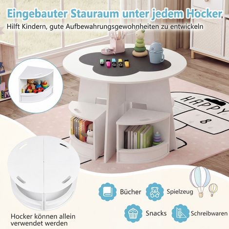 Set de table et chaises pour enfants en bois, groupe d'assise pour enfants de 5 pièces, rond, avec 4 tabourets de rangement - blanc (1/5)