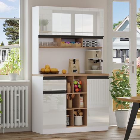 Mueble buffet de cocina blanco 105 x 45 x 185 cm en MDF con cajones y estantes regulables HAVRYA (1/5)