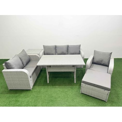 Fimous Patio PE Wicker 7 Seater Outdoor Rattan Furniture Sofa Sets with Rectangular Dining Table Reclining Chair Loveseat Sofa 3 Seater Sofa Big Footstool Side Table Light Grey (1/4)