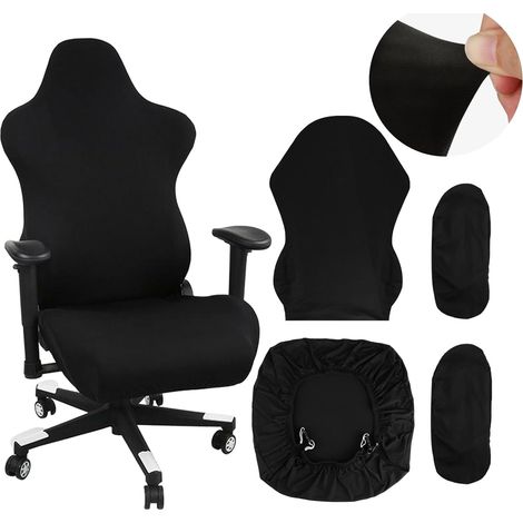 Ensemble de 4 housses de chaise gaming, noires, extensibles, amovibles et lavables, avec accoudoirs. Convient aux chaises de bureau, chaises gaming, chaises pivotantes et fauteuils. (1/5)