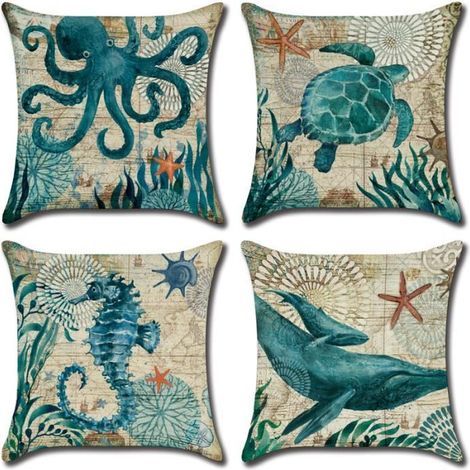 4 printed ocean-themed cushion covers, 45x45cm in linen-cotton blend, featuring octopus, whale, and turtle designs, for bed, sofa, c