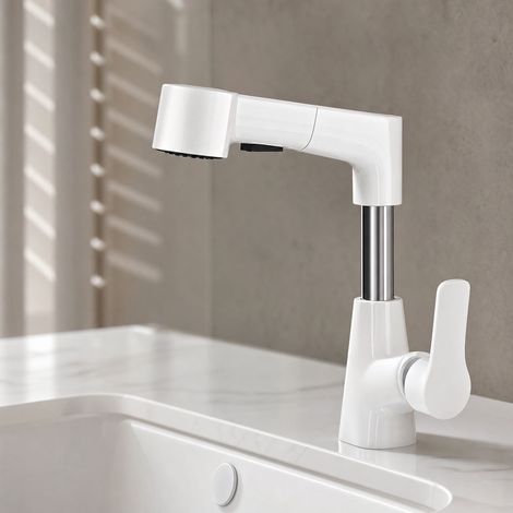 Robinet lavabo rétractable et réglable en hauteur, mitigeur salle de bain en laiton massif, douchette 2 jets, blanc lunaire (1/5)