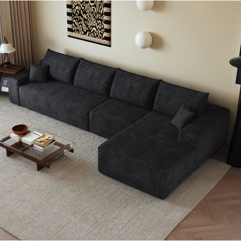 Canapé d’angle modulable 340 cm noir en velours côtelé avec chaise longue (1/5)
