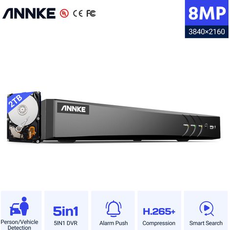 ANNKE 5-en-1 Système de Vidéosurveillance 8CH 4K H.265+ DVR pour CVI/CVBS/AHD/TVI, 8MP Enregistreur Vidéo avec Détection de Personne/Véhicule, Alerte par Email,2TB HDD (1/5)
