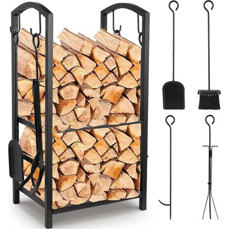 TLSUNNY Porte Bûches de Cheminée, Ensemble de Cheminée, Support à Bois de Chauffage, 75x40x30 cm (HxLxL), Stockage Bois Interieur avec Tisonnier, Balai, Pelle et Pince, Chargeable Jusqu'à 150 lbs (1/5)