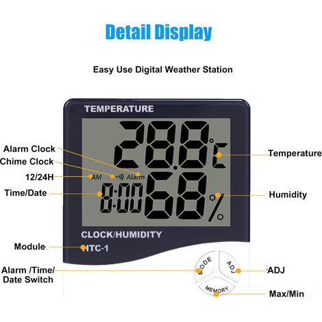 Thermometre Numerique Hygrometre Temperature Interieure Moniteur Lcd Humidite Gauge Grand Station Meteo Reveil Avec Calendrier Rappel Horaire Et Max Min Memoire, Htc-1 (1/4)