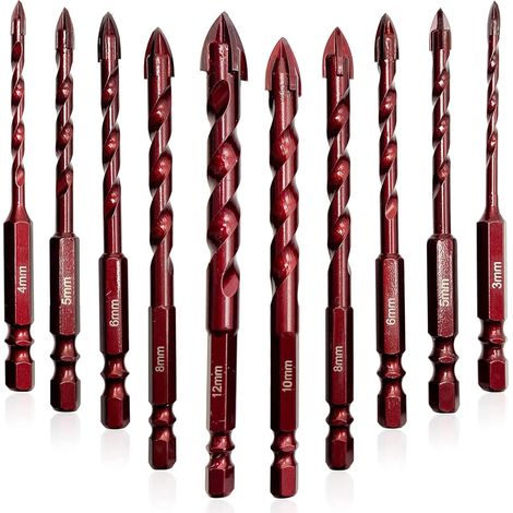 Lot de 10 forets à béton avec cobalt, foret à verre, céramique, pour métal, brique, verre, plastique, bois (3-12 mm) (1/5)