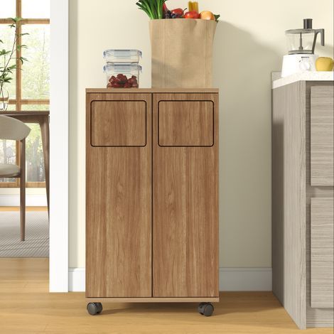 Meuble poubelle double 46,7 x 35 x 80 cm sur roulettes, cache-poubelle de cuisine avec 2 portes pour tri sélectif, effet chêne (1/5)