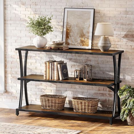 Tribesigns Table Console, Table Fine d'Appoint 3 Étagères, 110 × 30 × 80 cm, Table d'Entrée Rustique avec Étagères de Rangement, Style Industriel, Petite Table en Bois pour Salon, Entrée, Hall d'Entré