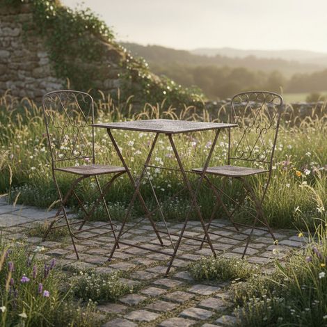 Ensemble Mange debout Pliant en Fer Patiné Gris Vintage Table et 2 Chaises 53x50x94cm