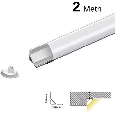 Kit profilo angolare in Alluminio per LED da 2m, 2000x15.8x15.8mm