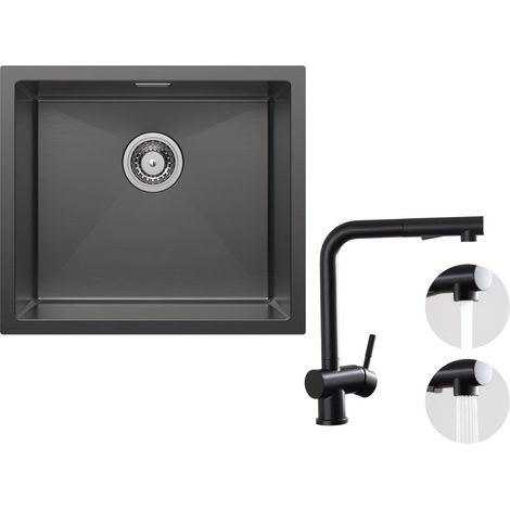 Fregadero bajo encimera con 1 seno Fregadero de acero inoxidable 50×44 cm antracita + grifo de cocina con 2 tipos de chorro grifo para fregadero extraíble negro, altura 312 mm (1/5)