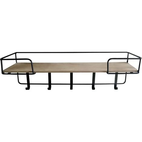 Étagère murale 60 cm plateau décor bois 5 patères métal - CINCO