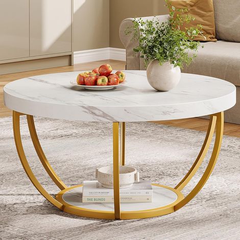 Tribesigns – Table basse ronde moderne 2 niveaux – Plateau en faux marbre blanc – Pieds en métal doré – 80x80cm – Meuble d'appoint pour salon (1/5)