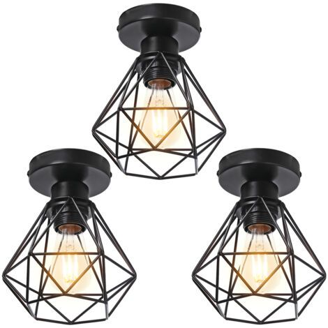 royaluxe- 3PCS Plafonnier Rétro Noir Lampe De Plafond E27 Cage En Métal Luminaire Plafonnier Vintage D'Intérieur (1/5)