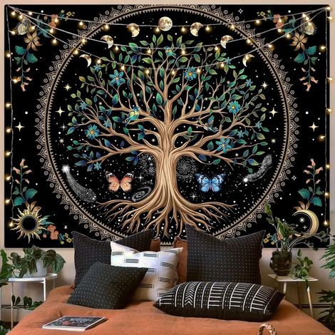 Tapisserie arbre de vie, papillon, lune, fleur, plante florale bohème pour chambre à coucher, dortoir (noir, 111,8 x 152,4 cm) (1/5)