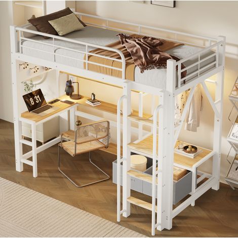 Lit mezzanine 90 x 200 cm en métal et MDF avec bureau, étagères, tiroirs, LED, blanc (1/5)