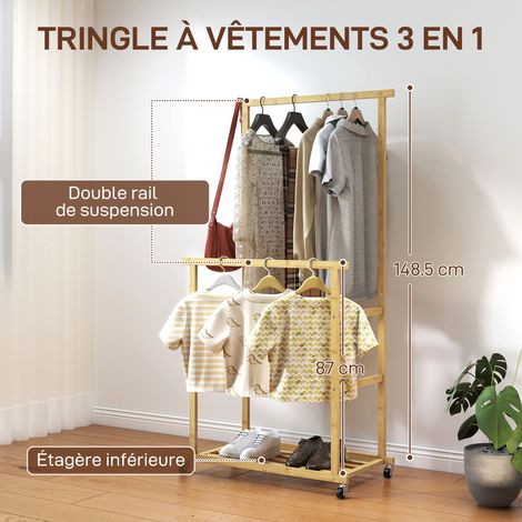 Portant à vêtements roulettes bambou 80x40x160 cm naturel