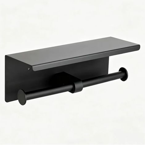 Portarrollos doble para papel higiénico con estante, de acero inoxidable, para montaje en pared, instalación con adhesivo o taladro, ideal para baño o cocina, color negro. (1/5)