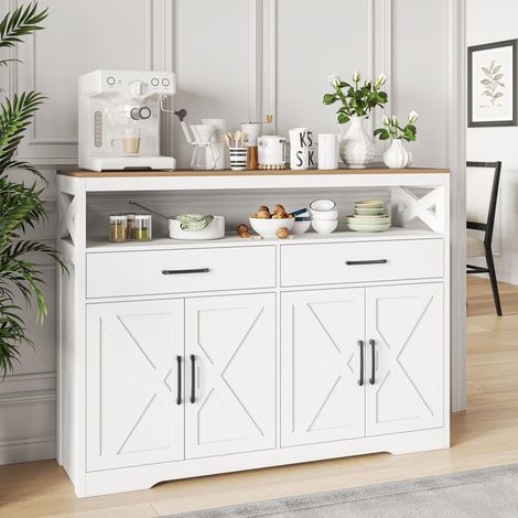 Sideboard 140x40x105 cm, skandinavischer Aufbewahrungsschrank für Küche und Esszimmer mit 2 Schubladen und 4 Türen, MDF und Holz, Weiß