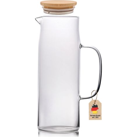 Carafe avec Bouchon en CLAIR – 1,6l Carafe d’Eau en Verre Borosilicaté avec Poignée et Bouchon en Bambou Résistante à la Chaleur – Boissons Chaudes et Froides comme le Thé, le Café (1/5)