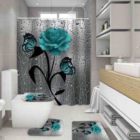 Accessoires salle de bain,Ensemble de salle de bain imprimé 3D papillon Rose bifairy bee rideau de douche et tapis-Type F,4P (1/4)