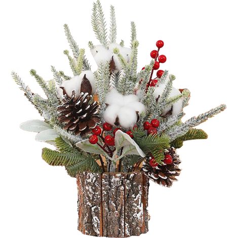 Mini-Tischweihnachtsbaum, kleine künstliche Weihnachtstopfpflanze mit Baumwollstielen für Zuhause, für Weihnachtsfeiern, Tischdekoration aus Rinde (1/2)