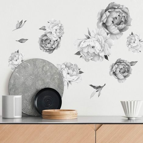 Decal Mural Pivoine - Vinyle Écologique Autocollant - Pour Mur Meuble Miroir Fenêtre - 8 Pièces - Dimensions Variées Jusqu'à 24 x 21 cm (1/5)