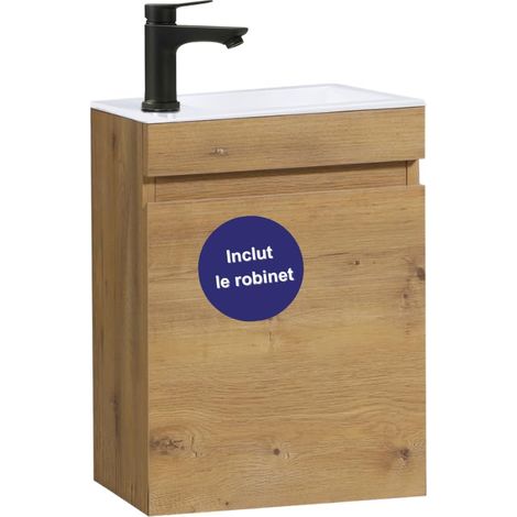 Meuble Lave-Mains 40cm Lavabo déjà monté Chêne avec Robinet Noir (1/5)