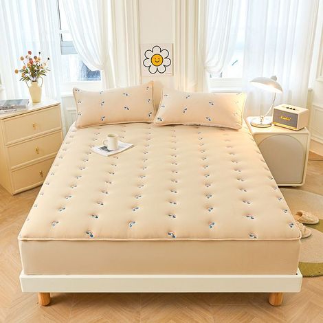 Ensemble de trois pièces de drap-housse matelassé en coton lavé teint en fil de coton brodé, protège-matelas simple et double (1/3)