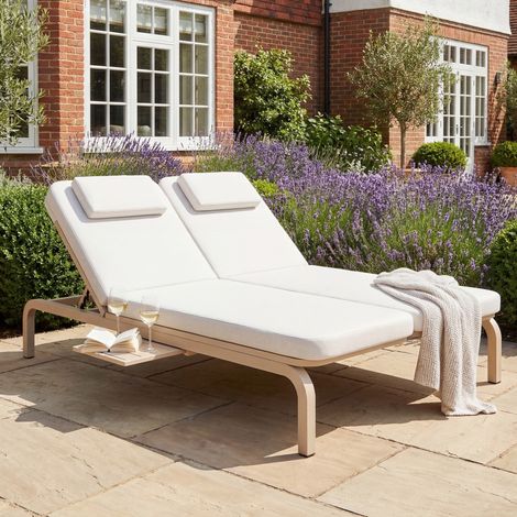 Transat de Jardin 2 Personnes - Bain de Soleil Double avec Table Coulissante & Appuie-têtes - Dossiers 5 Positions - Beige