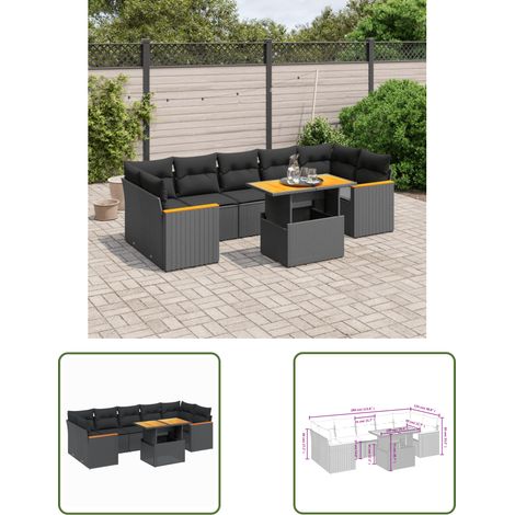 The Living Store Salon de jardin 8 pcs avec coussins noir résine tressée - Ensemble Salon De Jardin - Meuble Extérieur - Résine Tressée - Rotin Synthétique - Table Extensible (1/3)