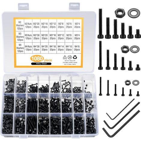 1080 Pcs M2 M3 M4 Hex Button Socket Head Cap Screws Nuts Flat Washers Assortment Kit, Black Alloy Steel Machine Screws, Nuts, Bolts, and Washers Set (1080 Black) (1/5)