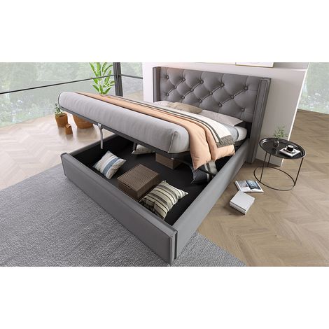 Cama tapizada 140x200 cm de algodón gris con almacenamiento, para dormitorios, sin colchón – MEUBLIV (1/5)
